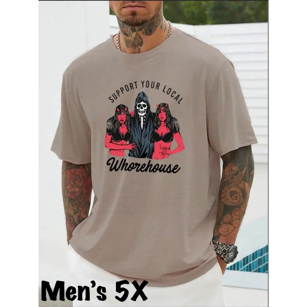 NWOT Tan Sz 5XL Men’s Graphic Support Your Local Whorehouse Lightweight T Shirt